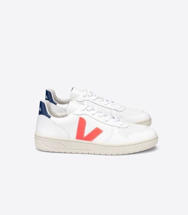 VEJA | MENS V-10 LEATHER WHITE ORANGE-FLUO COBALT
