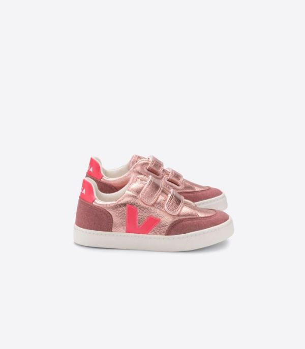VEJA | KIDS V-12 CHROMEFREE LEATHER NACRE ROSE-FLUO