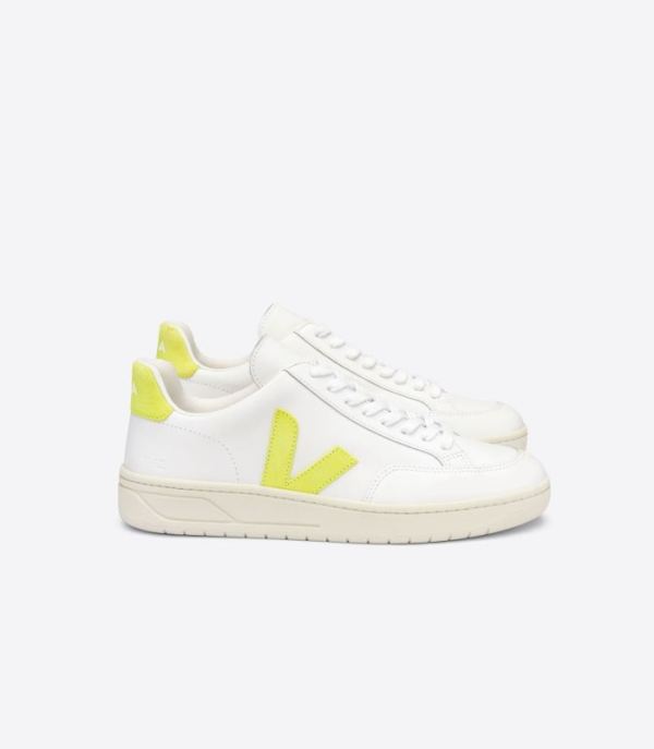 VEJA | WOMENS V-12 LEATHER WHITE JAUNE FLUO