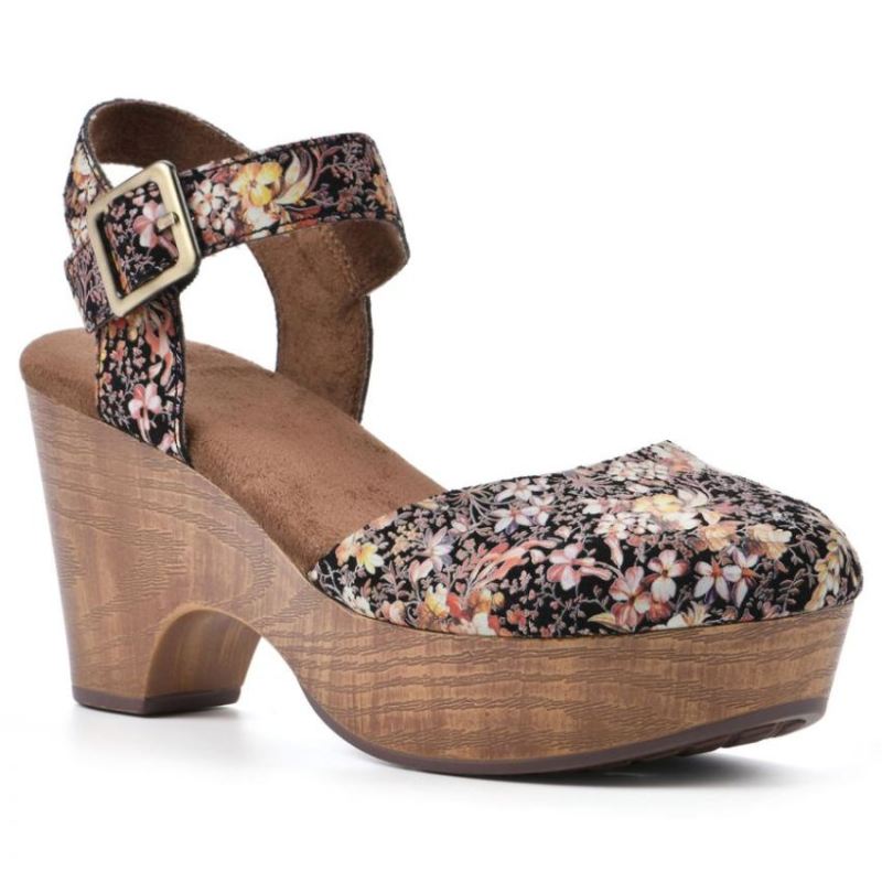 White Mountain Women's Casey Heeled Clog-Black Floral Suede | Canada Outlet