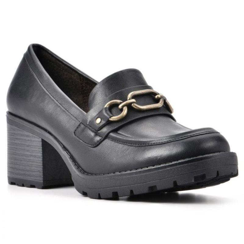 White Mountain Women's Booster Heeled Loafer-Black Faux Leather | Canada Outlet