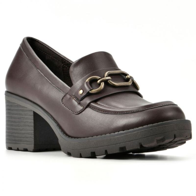 White Mountain Women's Booster Heeled Loafer-Brown Faux Leather | Canada Outlet