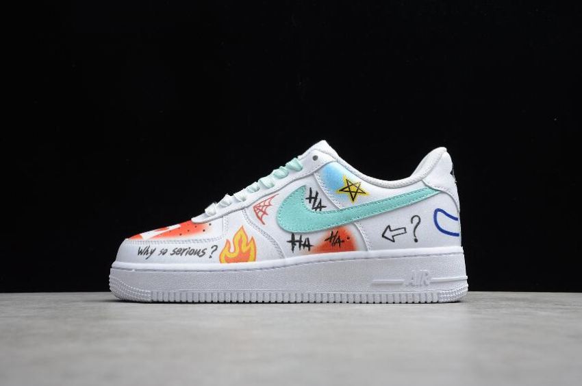 Women's Nike Air Force 1 07 White Blue Graffiti CW2288-1118 Running Shoes