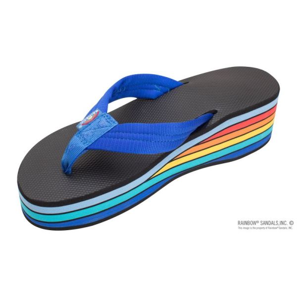 Rainbow | Women's Six Layer Wedge Soft Rubber Top with EVA Filled 1" Nylon Strap-Blue / Rainbow