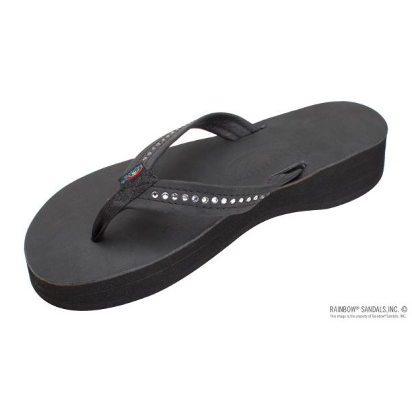 Rainbow | Women's Four Layer Leather Wedge - 3/4" Strap with Swarovski Crystals-Classic Black